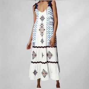 See and Be Seen Dress  Boho Maxi  Sundress Tassel Tie Straps White Blue S 11/5